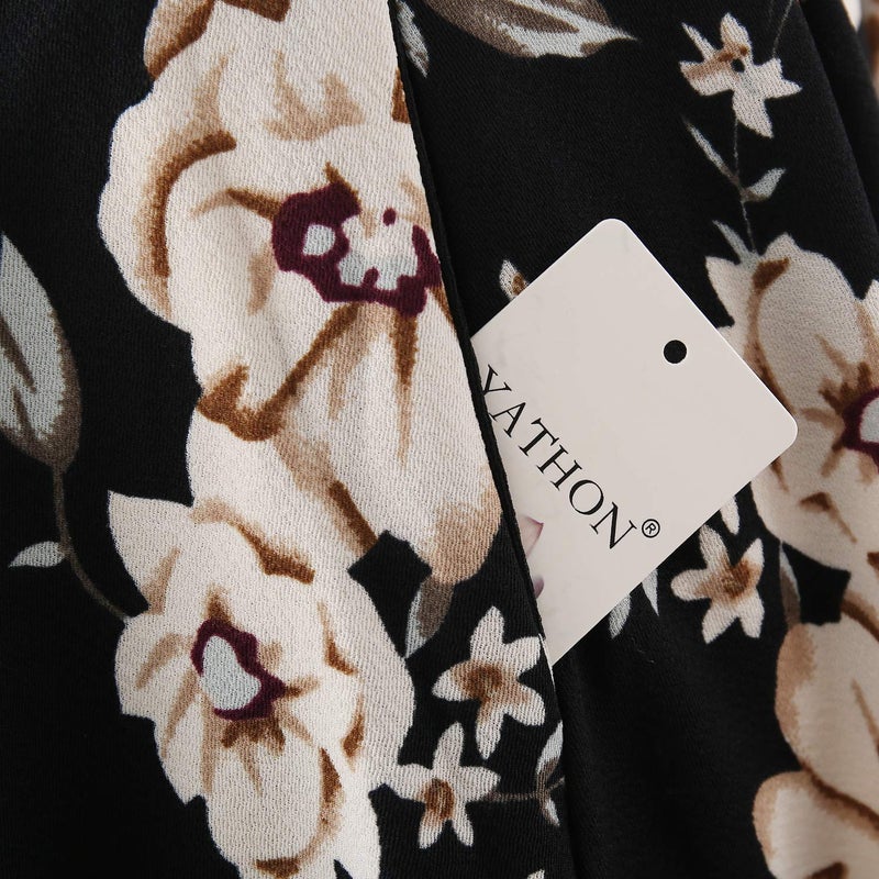 YATHON Women's Vintage Swing Casual Party Work Dresses Chic Black Khaki Flower Print O-Neck Knee Length Winter Cocktail Holiday Wedding Evening Dress (S, YT018-Black Khaki 02-3/4) - Image 5